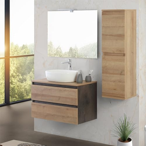 Inbagno Mobile bagno sospeso 80 cm ossido e rovere africa con top, lavabo in appoggio e specchio reversibile 60x80 cm, KLEO