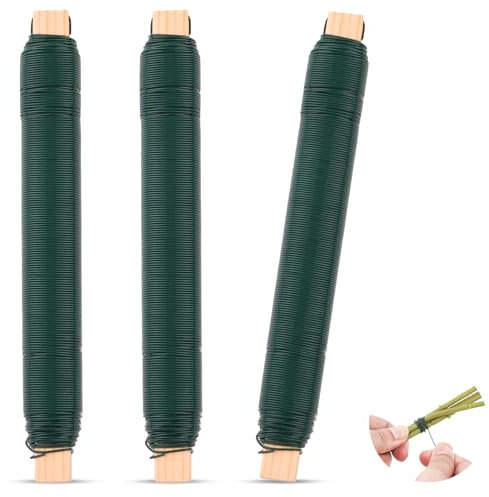 3 Rollen Blumendraht Grün, Blumendraht 0,65mm x 105m, Wickeldraht auf Holzwickel für zur Befestigung von Kränze, Blumen und Pflanzen, DIY Handwerk