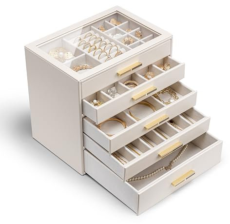Vlando Portagioie Grande con 5 Ripiani e 5 Cassetti - Scatola Organizzatrice Gioielli Moderna in Bianco con Coperchio in Vetro Temperato - per Collane, Orecchini, Bracciali, Orologi (Bianco)