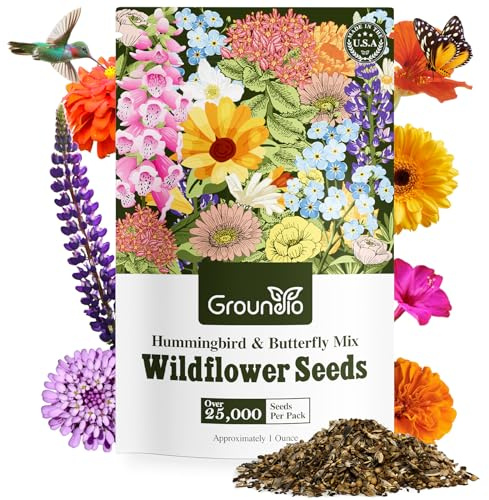 Groundio Wildflower Seeds Hummingbird and Butterfly Mix 1 Ounce, No Filler, 24 Varieties Flowers Seeds to Plant Outside, Annual Perennial, Bulk Resealable Package