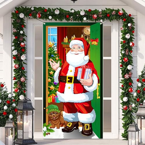 Scinzene Weihnachtsdeko Aussen - Weihnachten Türabdeckung Dekoration, 185 x 90 cm, Weihnachtsmann Banner, Perfekte Weihnachten Dekoration für Haustür, Wand, Vorhang, Weihnachtsfeier Deko