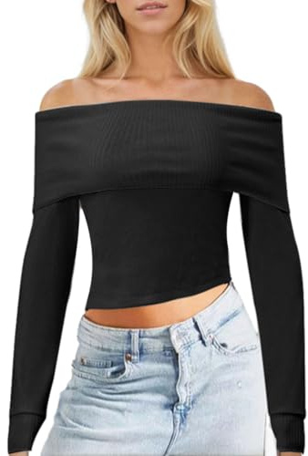 EMOTTOS Tops de Punto para Mujer, Camiseta para Mujer Camisetas Ajustadas con Un Hombro Camisetas, Moda Going out Club Party Pullover Ligerode Punto para Las Niñas, Negro, L