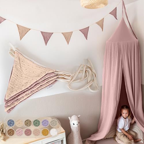 LILIMAUS Flaggirlang, tyg [med guldapplikation i 12 färger] flaggirlang, barnrum – 100 % handgjord girlang, tyg – vimpelkedja, muslin, hussäng, dekoration flickor och pojkar för babyrum