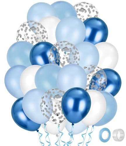 Zounin 60 ballons bleus, 12 pouces, avec rubans, confettis en latex, pour enfants, anniversaire, mariage, baptême, baby shower, déco