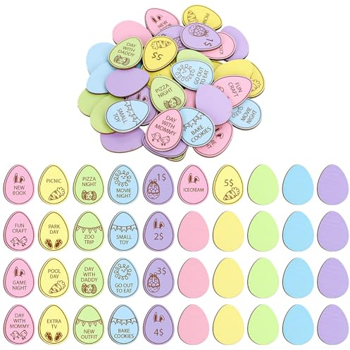FYSUIMU 40 Pcs Easter Egg Wooden Tokens with 27 Different Engraved Sayings Pastel Color Egg Fillers Easter Basket Stuffers for Spring Home Classroom Games Activities Rewards