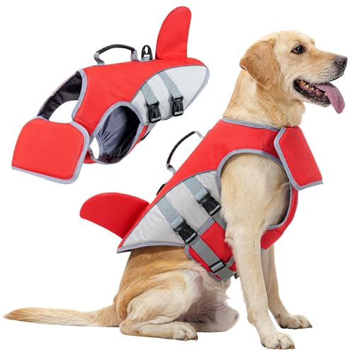 HEYWEAN Hundeschwimmweste Hai Schwimmweste Hund Klein Mittel Groß Rettungswesten für Hunde Schwimmhilfe für Pool Strand Bootfahren Schwimmweste mit Rettungsgriff Hohe Sichtbarkeit Hunde Schwimmwesten