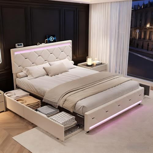 Livlux - Cama de 140 x 190 cm, con somier LED y USB, cama doble acolchada con 4 cajones, almacenamiento y ajustable cabecero de cama, cama para adultos y adolescentes (blanco A, 140 x 190 cm)