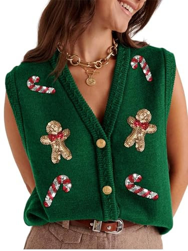 ensswliz Veste en tricot moche de Noël pour femme - Broderie de paillettes - Impression de Père Noël - Sans manches - Boutons sur le devant - Cardigan en tricot, B-vert., L