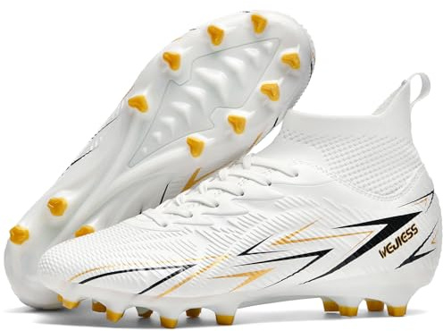 Kmrlofiy Fotbollsskor herr High Top Spike Cleats professionella fotbollsskor pojkar barn utomhus atletiska skosnören sportskor träningsskor, Vit, 44 EU