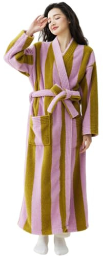CRETUAO Damfärgad randig frottébadrock i lång, mjuk, absorberande, korallfleece, spa-badrock, varm, söt, plyschig husrock,Pink,XL