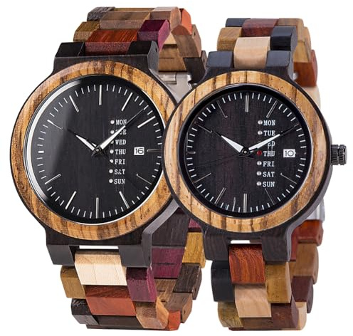 EBONY Montre en bois pour couple faite à la main avec bracelet en bois multicolore, affichage de la date, de la semaine, pour anniversaire de mariage unique pour petit ami et petite amie
