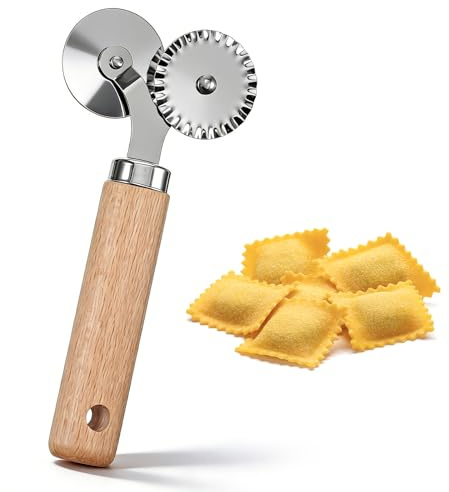 Hadnves Pastry Double Cutter Wheel Stainless Steel Pasta Cutter Wheel with Beechwood Wooden Handle Ravioli Crimper Cutter-Wheel Baking Tool for Home and Kitchen Pasta Pizza Ravioli Cookie Use