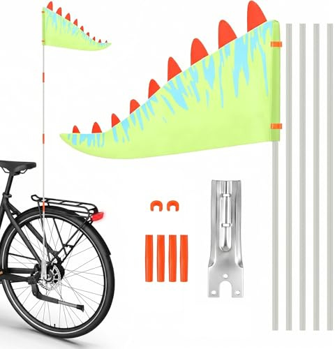 YAXIAO Banderín de Seguridad 31 x 21cm Triangular Banderín de Bicicleta Seguridad Bandera Bicicleta Patrón de Dinosaurio para Ciclismo al Aire Libre En El Campus Remolque para Mascotas (Verde)