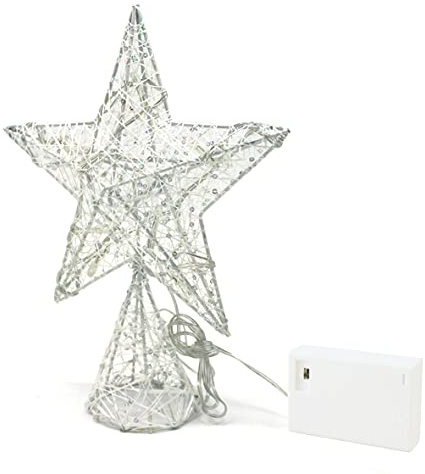 CVHOMEDECO. White Tree Top Star with Warm White LED Lights and Timer for Christmas Ornaments and Holiday Seasonal Décor, 8 x 10 Inch