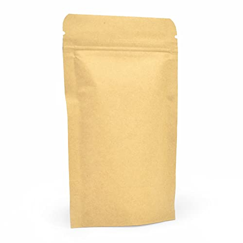 Evergreen Goods Bolsas Reutilizables de Kraft Marrón Grado Alimenticio (90mmx140mmx35mm) | Forradas de Papel, Bolsas con Cremallera | Bolsas de Embalaje para Café en Grano y Aperitivos | 100 Bolsas