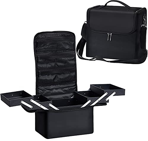 Joligrace Make Up Bag Vanity Case Makeup case Makeup Organiser Bag Cosmetic Case Make up Box Nail Polish Organiser with 4 Trays & Shoulder Strap, Black