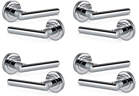 XFORT: Lot de 4 poignées de porte sur rosace, poignée de porte à levier en T en finition chrome poli, poignée à levier intérieure élégante, utilisée comme poignée de porte intérieure.