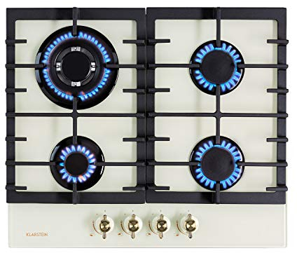 KLARSTEIN Victoria - Plaque de cuisson gaz 4 feux, pose libre, 60 cm, encastrable, gaz naturel/propane, soupapes de sécurité, arrêt automatique, croix en fonte -ivoire