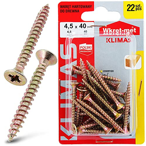 KLIMAS Lot de 22 vis à bois trempées, à tête fraisée pour panneaux d'aggloméré, avec fente cruciforme PZ, 4,5 x 40 mm, tête plate, vis autotaraudeuses, vis universelles pour terrasse, en acier