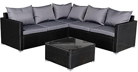 Panana 5 Seater Rattan Garden Furniture Corner Sofa Set with Coffee Table, Outdoor Patio Lounge Set with Cushions & Free Cover for Garden, Conservatory, Terrace (Black Rattan with Grey Cushions)