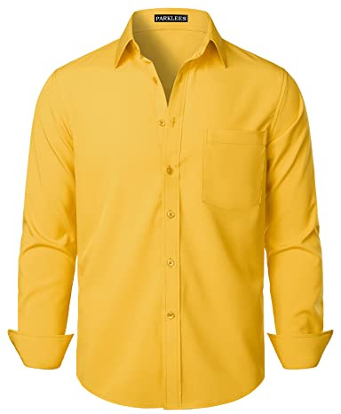PARKLEES Camicia elegante da uomo, vestibilità regolare, a maniche lunghe, tinta unita, anti-rughe, casual, da lavoro, con bottoni e taschino, Giallo, L