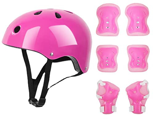 Barnhjälm Skyddsutrustning, Inklusive Hjälm Armbågsskydd Knäskydd Handledsskydd för Skoter Rullskridskor (Rosa)