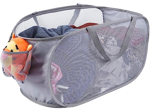 Kimmama Grande cesto portabiancheria pieghevole in rete, cesto portabiancheria pieghevole con tasca laterale, contenitore rimovibile con manico per lavanderia, dormitorio universitario, bagno, camera