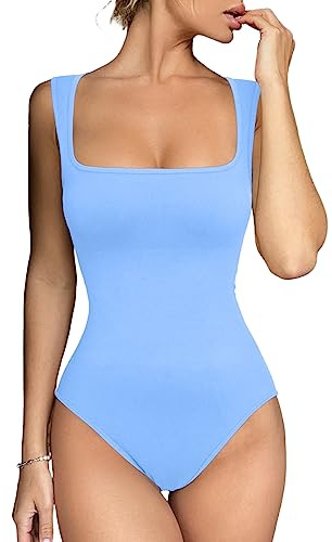 Meyeeka Body sexy sans couture à col carré sans manches avec bretelles fuselées pour femme, bleu, Medium