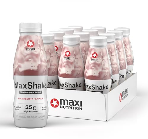 MaxiNutrition MaxShake Lot de 12 milkshake protéinés à la fraise, 12 x 330 ml, boisson protéinée crémeuse pour les déplacements, 25 g de protéines, faible teneur en matières grasses et à faible teneur