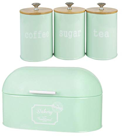 Xiaojikuaipao Vintage Metal Bread Box & Spice Canister Set for Kitchen Storage - Large Green Countertop Bread Bin and Airtight Jars with Bamboo Lids - Retro Style Food Containers with Extra