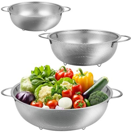 Küchensieb 3 Stück, Reis Waschschüssel 3 Stück OD Gesamtlänge（24cm/27.5cm/34cm） Küchensieb Edelstahl, Sieb Küche geeignet zum Spülen von Obst und Gemüse, Nudelsieb Edelstahl, Spülmaschinenfest