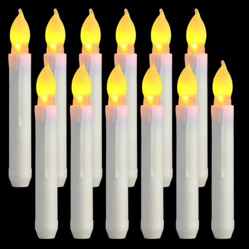 Lot de 12 bougies LED vacillantes : bougies à tige LED, bougies électriques à LED, sans flamme, à piles flottantes, lumière blanche chaude pour Noël, fête, table à manger