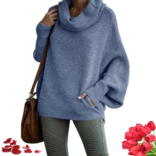 Pull à col bénitier avec poches pour femme, col roulé chauve-souris, manches longues, pull en tricot torsadé, coupe ample, manches lanternes, pull à col roulé, pour l'automne et l'hiver (bleu, S)
