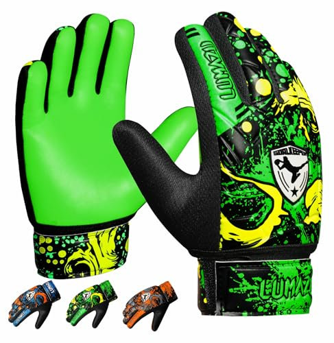 LUMAZU Fußball-Torwarthandschuhe für Kinder und Erwachsene, Größe 3, geeignet für 5 bis 6 Jahre, Grün