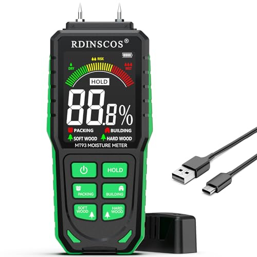 RDINSCOS Misuratore di Umidità per Legno Ricaricabile Rilevatori di Umidità con Pin Sostituibile per Pareti con Display a Colori LCD e Allarme Acustico Igrometro Tester di Umidità per Legno