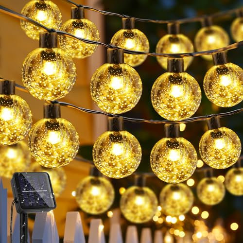Solar Garden Lights Outdoor, 60 LED 12M/39Ft Solar String Lights Outside Waterproof, 8 Modes Crystal Ball Fairy Lights String Decorative for Patio Yard Camping Ggazebo Party Wedding Porch（Warm White）