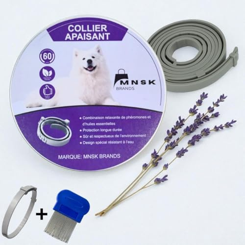 MNSK Brands - Collier apaisant et Relaxant pour Chien – Lavande Naturelle • Anti-Stress • Étanche & Ajustable • Certifié CE/ROHS/MSDS - Offert Peigne Anti-puces