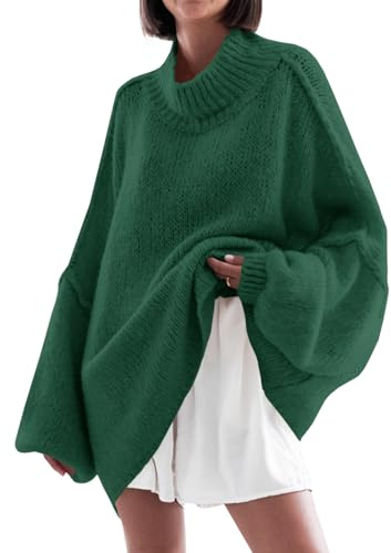 Saodimallsu Maglione da Donna, Oversize, Maniche a pistrello, in Tinta Unita, Elegante, a Collo Alto, Invernale, Casual, Lavorato a Maglia, Verde, XL
