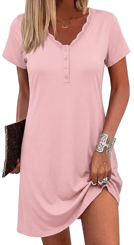 Bresdk Cotton Nghtdresses for Women uk Short Sleeve Nightshirt Soft Button Down Nursing Dress Loose Ladies Nighties Night Dress Pink M