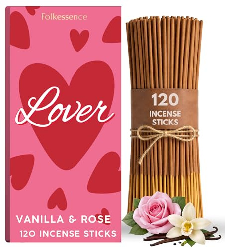 Folkulture Premium Incense Sticks, Vanilla & Rose, Lover (120 Sticks | Non Toxic, No Charcoal, Organic, 45 Mins Long Burning Incense for Aromatherapy, Gift for Women, Her, Him, Loved One