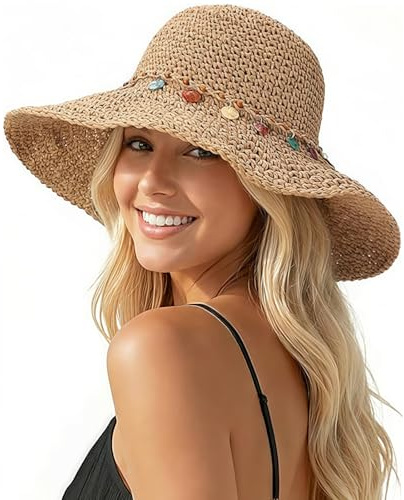 Sombrero de Paja para Mujer, Sombrero de Paja de ala Ancha y Cuentas de Concha, Sombrero de Playa Plegable, Sombrero de Sol Verano Ajustable, Ligero, Transpirable, para Vacaciones, Playa, Viajes