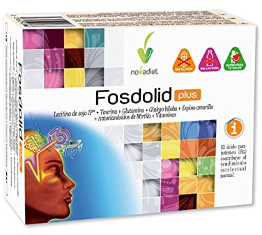 Novadiet - FOSDOLID PLUS Cápsulas con Taurina, Glutamina, Ginkgo biloba, Espino amarillo, Mirtilo y Vitaminas B, Apoyo al Rendimiento Intelectual y Energía - Estudiantes y Tercera Edad - 60 Cápsulas