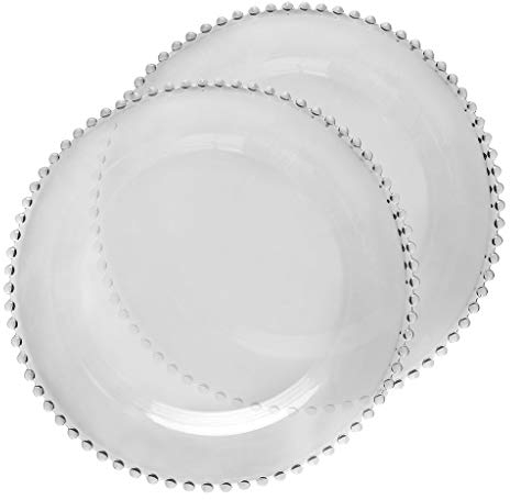 2 Beaded Edge Dinner Plates, Toughened Glass Alfresco Dining Tableware - W26.5cm