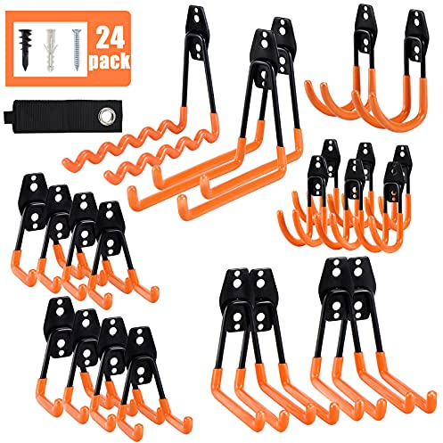 AOBEN 24PCS Garage Hooks, Heavy Duty Double Garage Hanger Organizer Wall Mount Iron Anti-Slip Garage Storage Hooks for Ladder, Power Tool,Bike,Ropes（23 Hooks & 1 hoder Strap-Orange