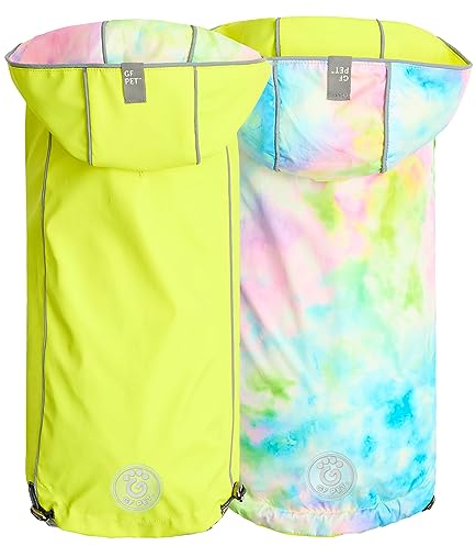 GF Pet Reversible Raincoat - Regenjacke- wasserdichte Hundebekleidung- Größe M Hundemantel Rückenlänge 38cm- Neongelb mit Krawattenfärbung