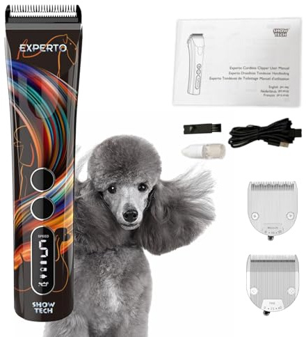 Show Tech Experto Tosatrice Professionale per Cani – Cordless con 5 Velocità (5000–7000 giri/min) – Lama in Ceramica con Rivestimento in Titanio – Display LCD, USB, Silenziosa – 0,25–2 mm