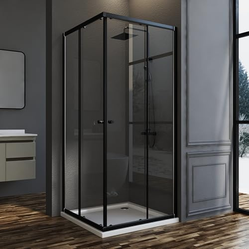 Duschkabine Schiebetür Schwarze 90x90x185cm Eckeinstieg Duschabtrennung Doppelschiebetür 6mm Sicherheitsglas Schiebetüren Echtglas Duschtür Duschwand, Montage auf Duschwanne oder Fliese