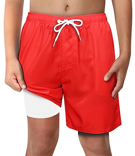 LUCOWEE Boys Swim Trunks with Boxer Brief Liner Anti Chafe No Mesh Swimming Shorts Compression Lined 4-Way Stretchy UPF Quick Dry Swimsuit Size 10-12 Bright Red