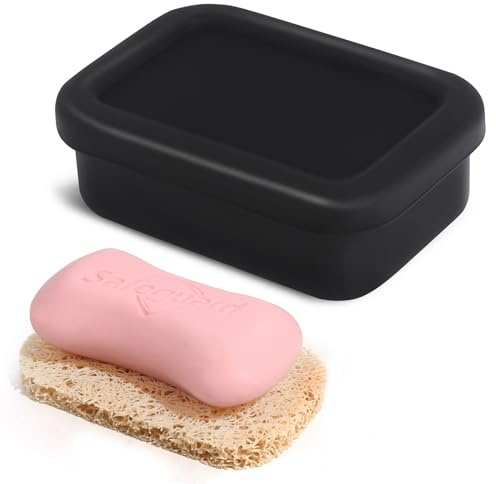 HighHerz Leak Proof Silicone Travel Soap Case with Draining Tray - Bar Soap Holder for Travel, Gym & Camping - Mess-Free Portable Soap Container for Carry-on Bags (Black)