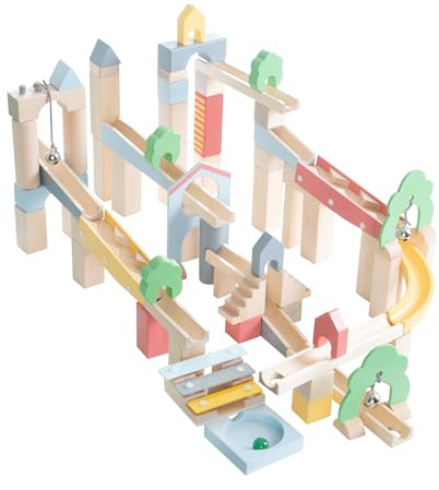 roba Kugelbahn aus Holz - 60-teilig inkl. 20-teiligem Ergänzungsset zum Landschaftsbau - Murmelbahn mit Geräuscheffekten und 11 Murmeln - Kinderspielzeug ab 3 Jahren